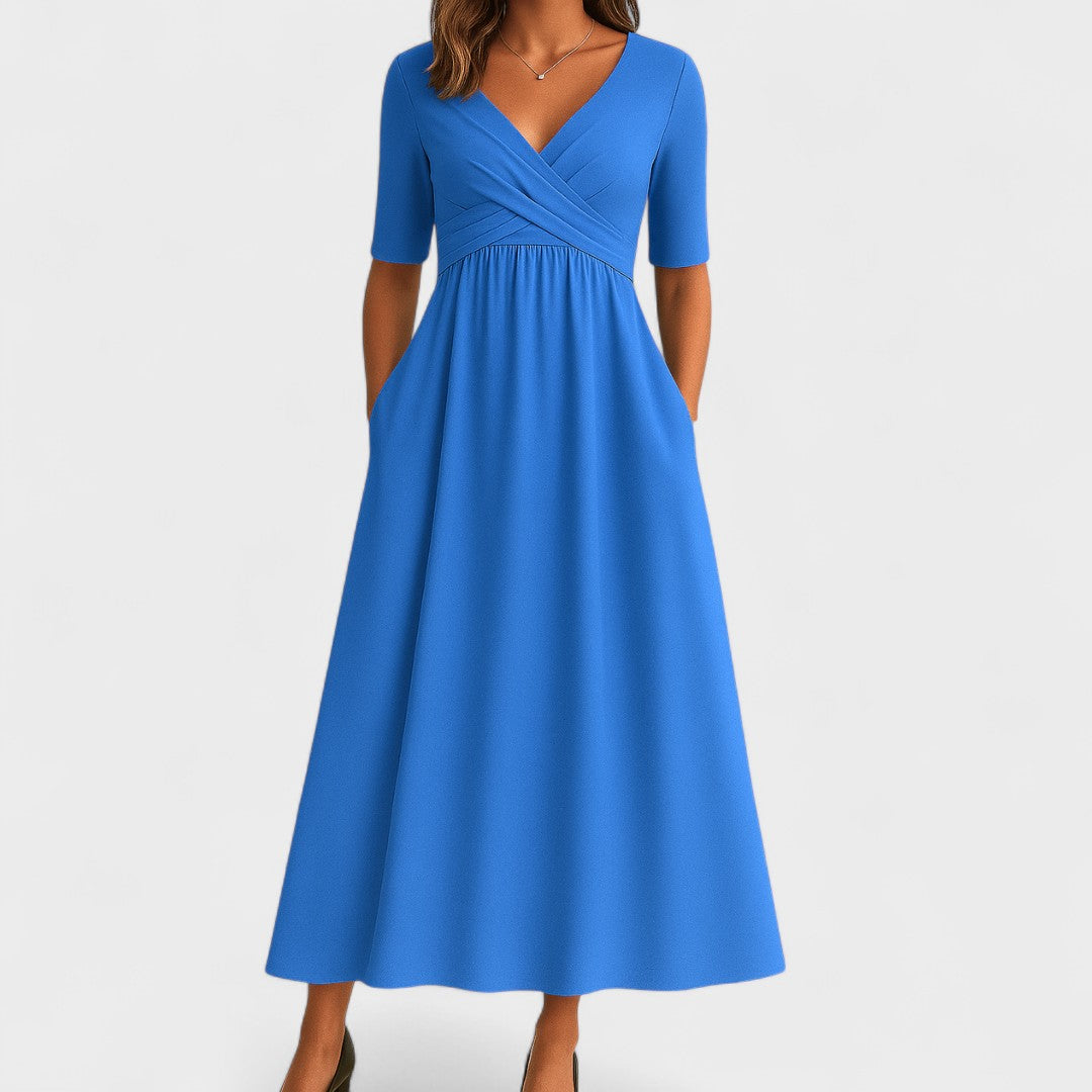Céphise | Robe midi évasée avec encolure croisée