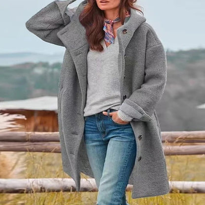 Françoise | Manteau long à capuche femme avec boutonnage frontal